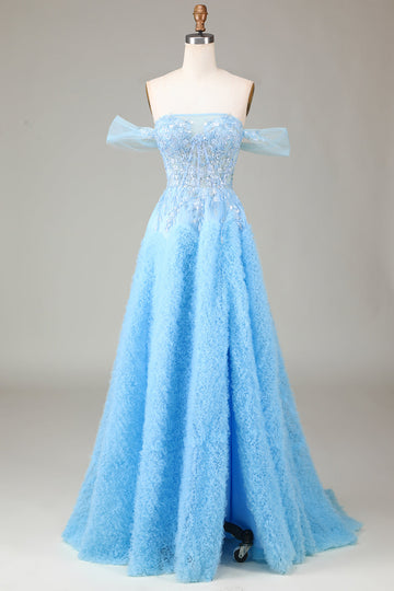 Vestido de fiesta de princesa corsé azul A Line Off the Shoulder con abertura
